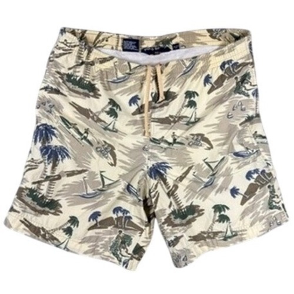Polo Sport Ralph Lauren Swim Trunks Mens Medium‎ Tan Blue Island Print Nylon AOP